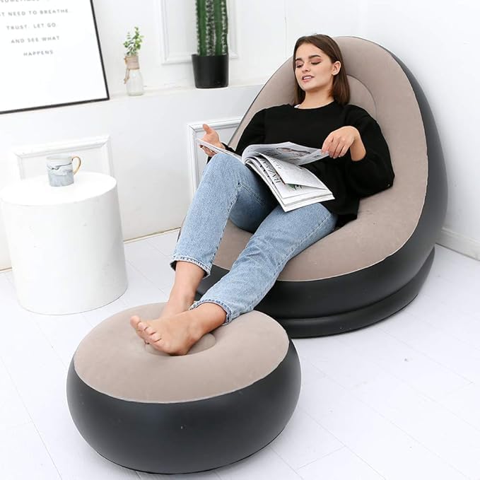 Inflatable Lounge Chair for Adults, Folding Portable Lazy Sofa with Foot Stool Indoor Livingroom Gaming Bedroom Office Balcony, Outdoor Travel Camping 2-in-1 with Air Pump