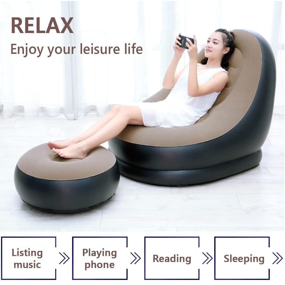 Inflatable Lounge Chair for Adults, Folding Portable Lazy Sofa with Foot Stool Indoor Livingroom Gaming Bedroom Office Balcony, Outdoor Travel Camping 2-in-1 with Air Pump