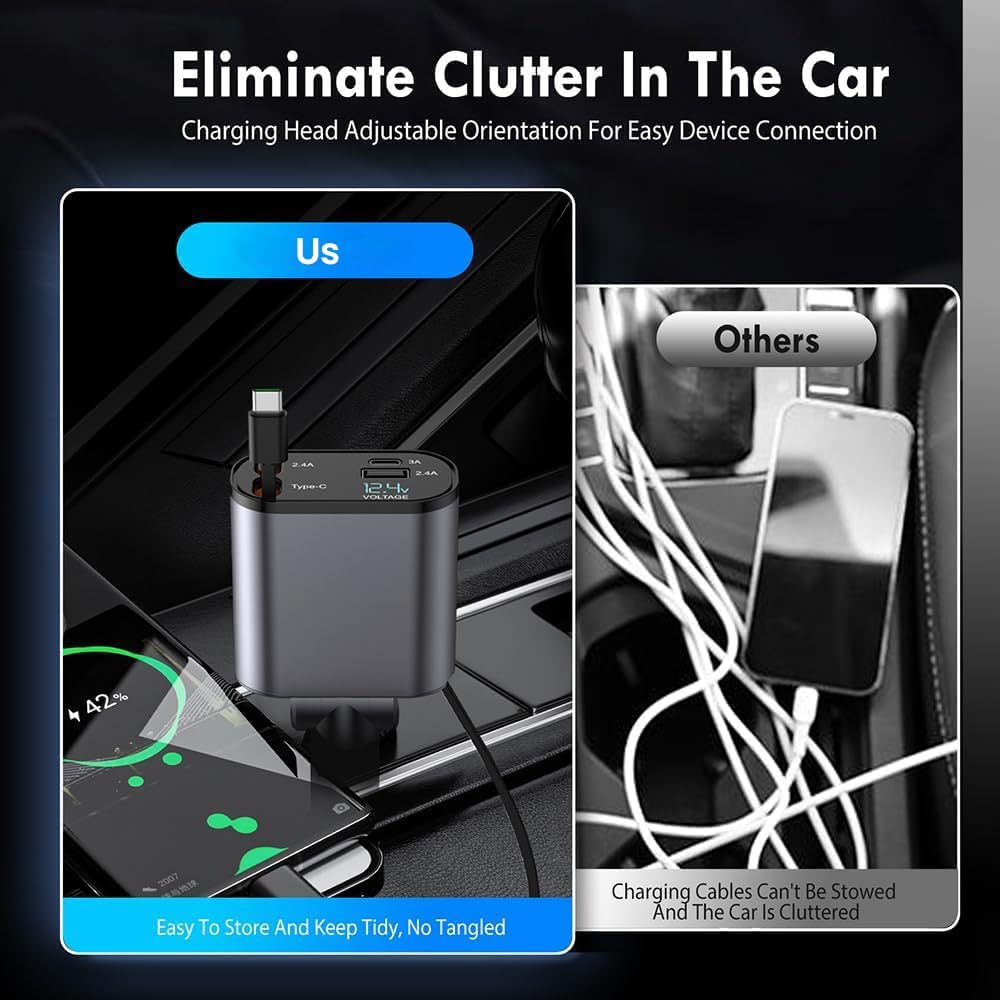 120W 4 in 1 Retractable Car Charger,Super Fast Charge Car Phone Charger,Retractable Cables & 2 USB Ports Car Adapter for Android Phones