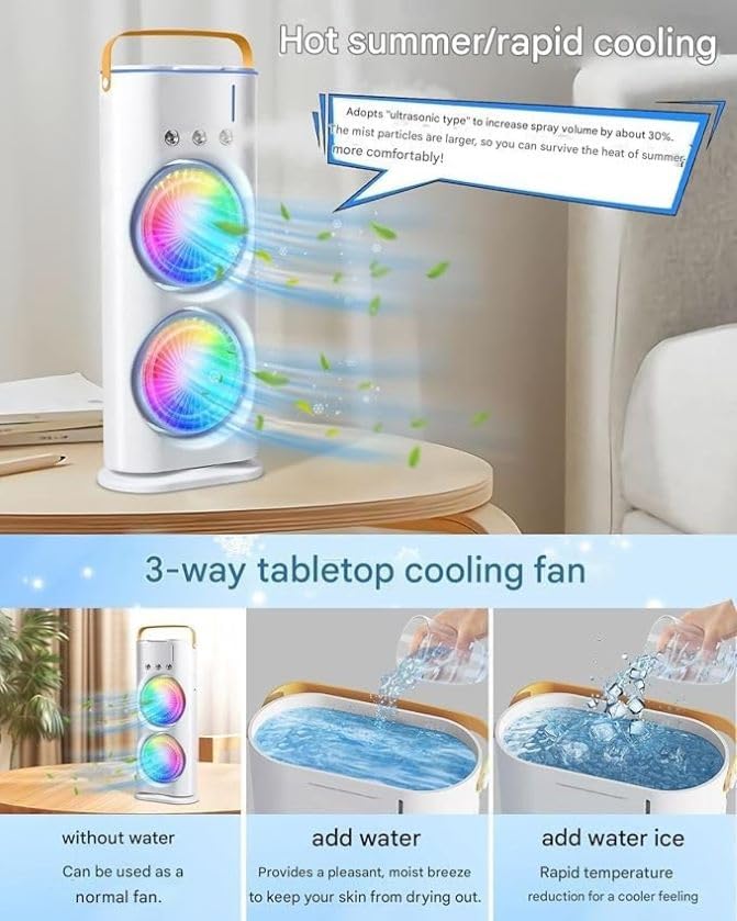 Double Ended Spray Fan, Portable, Rechargeable, Oscillating Mist fan with LED Light and Remote Control