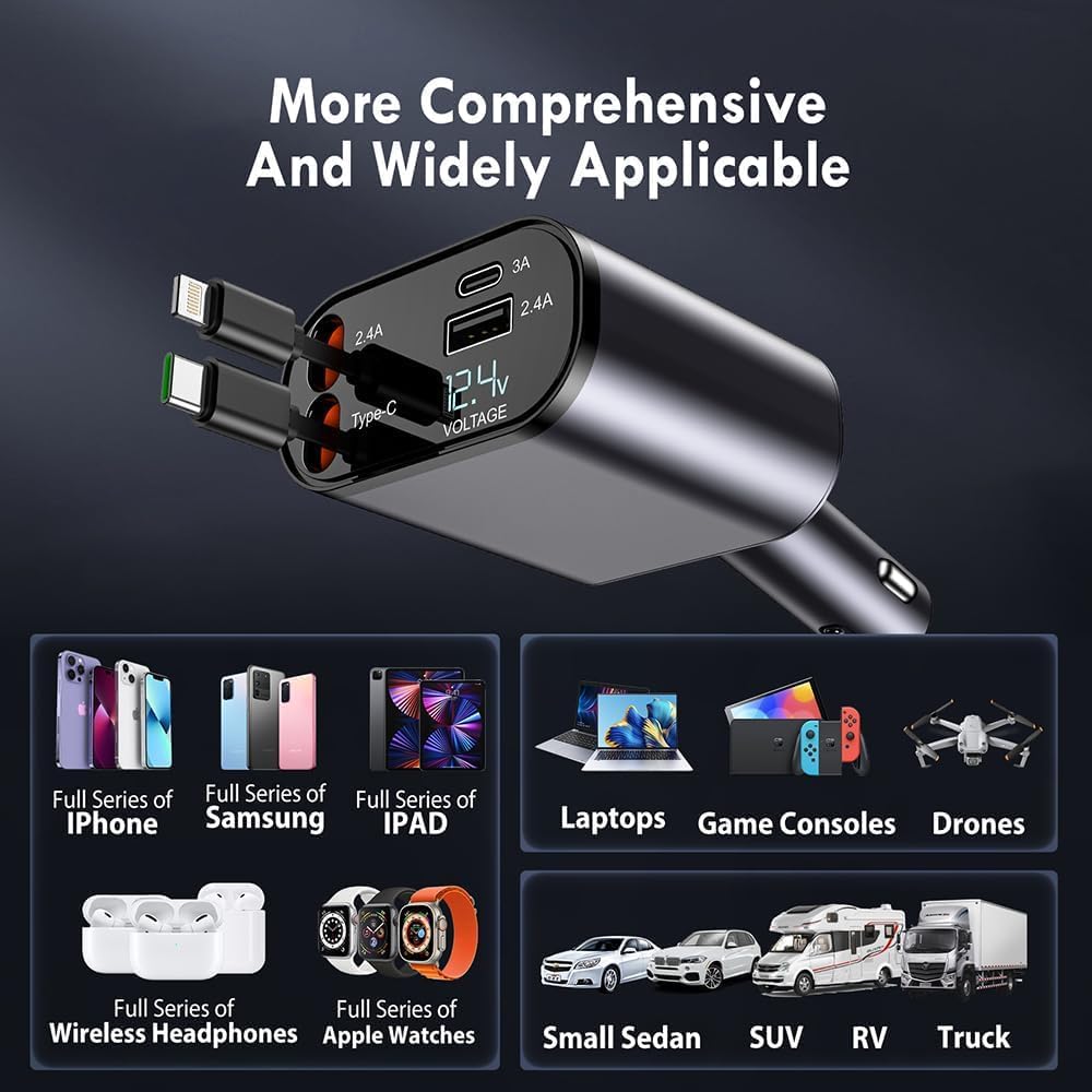 120W 4 in 1 Retractable Car Charger,Super Fast Charge Car Phone Charger,Retractable Cables & 2 USB Ports Car Adapter for Android Phones