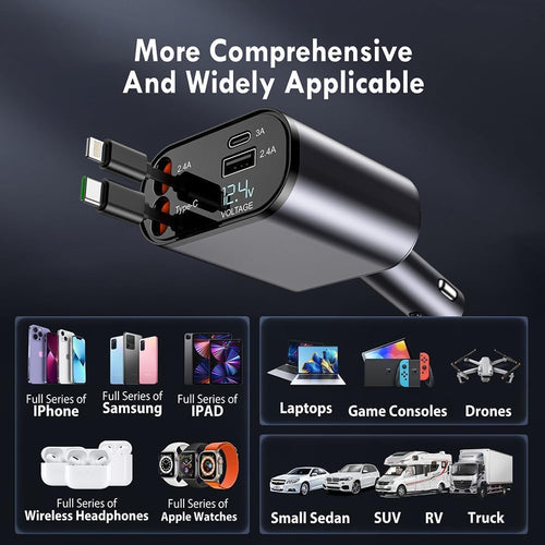 120W 4 in 1 Retractable Car Charger,Super Fast Charge Car Phone Charger,Retractable Cables & 2 USB Ports Car Adapter for Android Phones