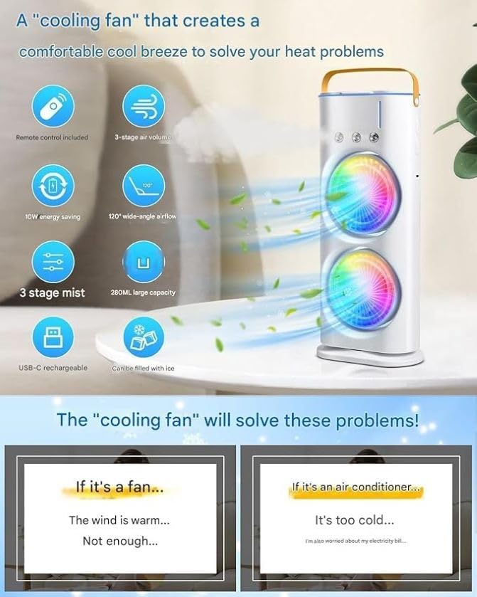 Double Ended Spray Fan, Portable, Rechargeable, Oscillating Mist fan with LED Light and Remote Control