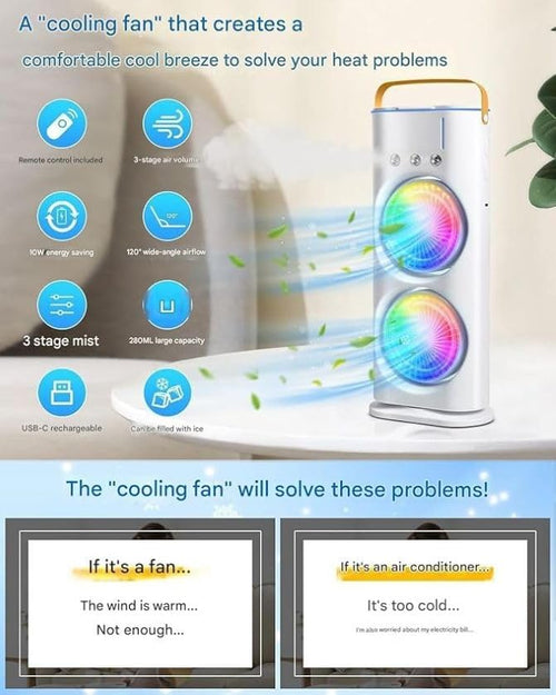 Double Ended Spray Fan, Portable, Rechargeable, Oscillating Mist fan with LED Light and Remote Control