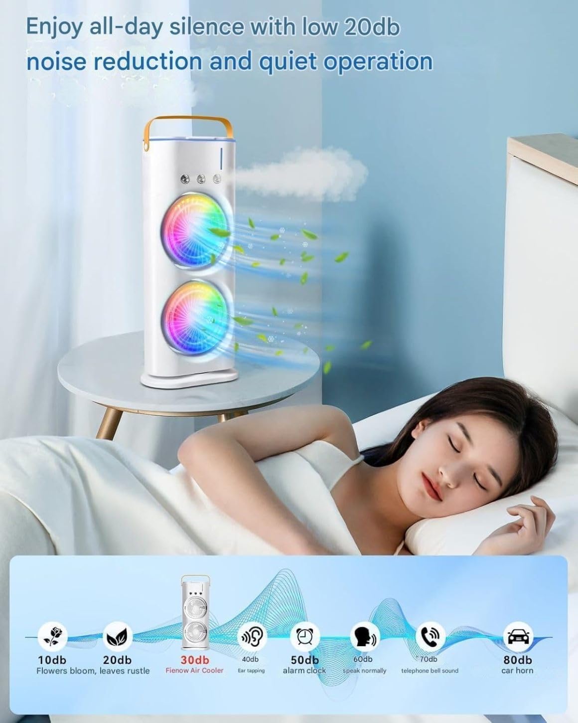 Double Ended Spray Fan, Portable, Rechargeable, Oscillating Mist fan with LED Light and Remote Control