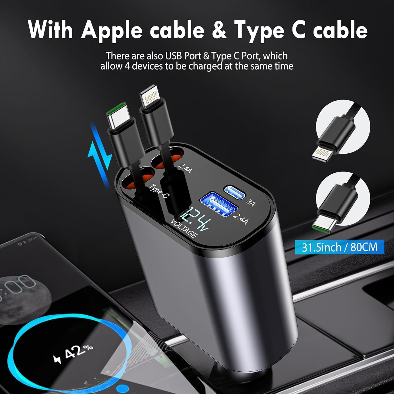 120W 4 in 1 Retractable Car Charger,Super Fast Charge Car Phone Charger,Retractable Cables & 2 USB Ports Car Adapter for Android Phones