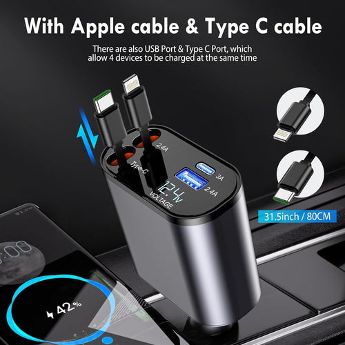 120W 4 in 1 Retractable Car Charger,Super Fast Charge Car Phone Charger,Retractable Cables & 2 USB Ports Car Adapter for Android Phones