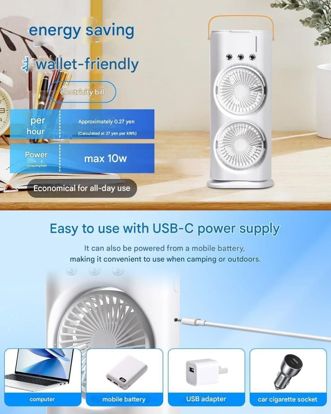 Double Ended Spray Fan, Portable, Rechargeable, Oscillating Mist fan with LED Light and Remote Control