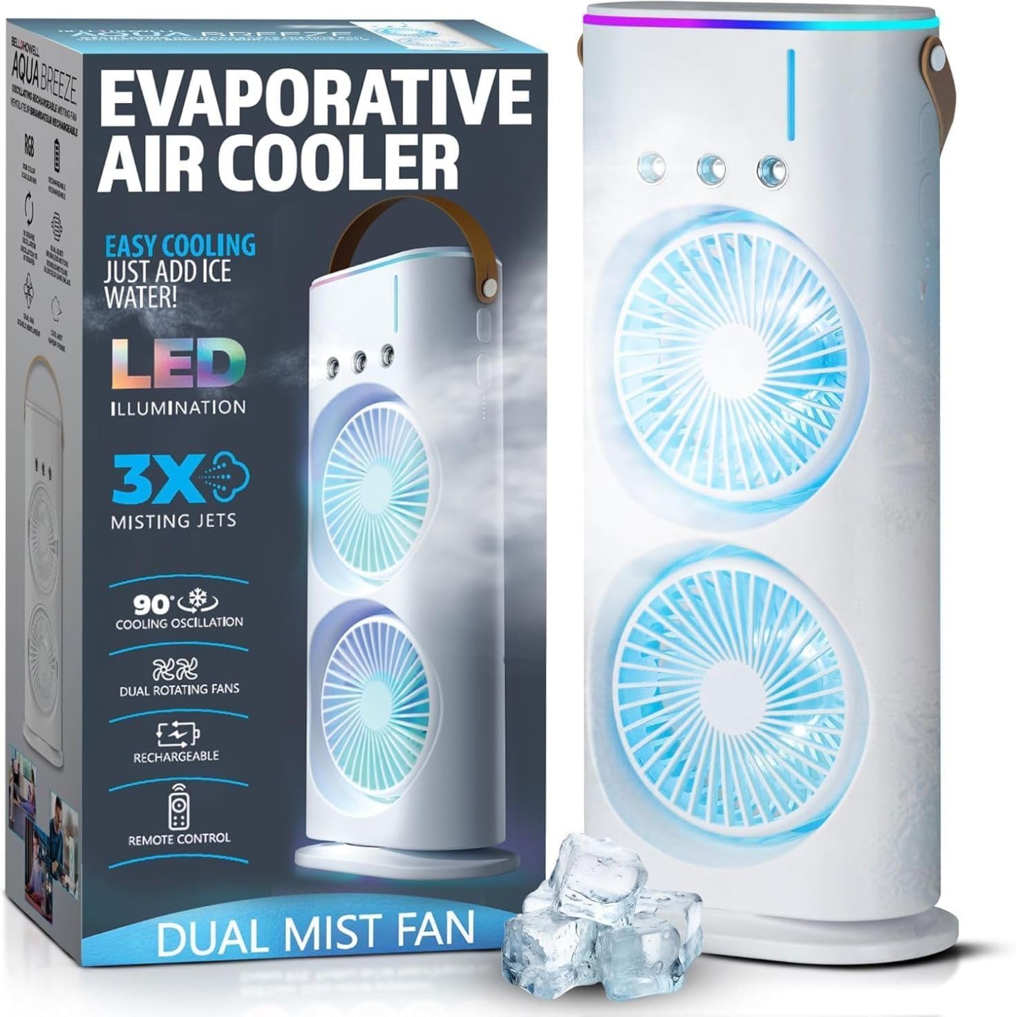 Double Ended Spray Fan, Portable, Rechargeable, Oscillating Mist fan with LED Light and Remote Control