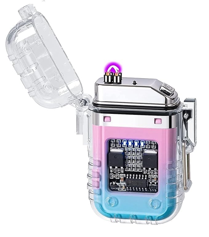 Electric Waterproof Dual Arc Plasma Lighter - Windproof, Flameless, USB Rechargeable with Spotlight & Lanyard - Outdoor Camping, Hiking
